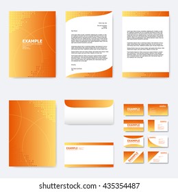 Set of business paper template with gradient orange color and little square polygon pattern with line curves background (vector)