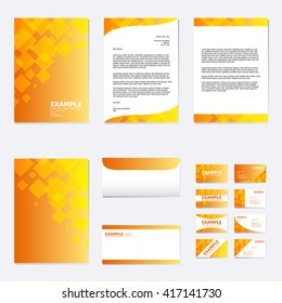 Set of business paper template with polygon pattern on orange color background (vector)