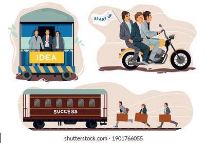 Conjunto de conceptos de trabajo en equipo de socios comerciales para lograr el éxito. Desafío y concepto inicial. Ilustración vectorial al estilo de las caricaturas.