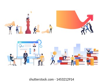 Set of business people achieving career success. Flat cartoon characters working on computer, playing chess, reading books. Can be used for presentation, promo, placard