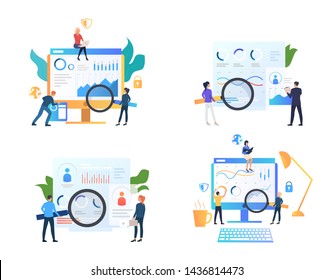 Set Of Business People Analyzing Charts. Group Of Small Men And Women Working With Data. Vector Illustration For Sales Report, Finance, Presentation