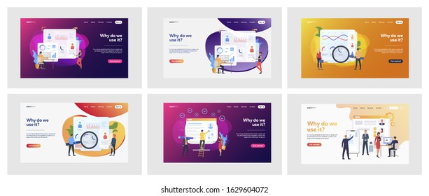 Set of business people analyzing curriculum vitae. Flat vector illustrations of men and women making statistics. Recruitment and analysis concept for banner, website design or landing web page