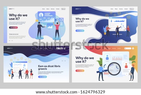 Set of business people analyzing information on diagrams. Flat vector illustrations of employees working with charts. Statistics, analytics concept for banner, website design or landing web page