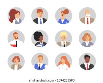 Set of business people avatars. Businessmen and businesswomen cartoon characters. Office team, mix race collective workers, entrepreneurs. Men and women in suits standing together. Vector illustration