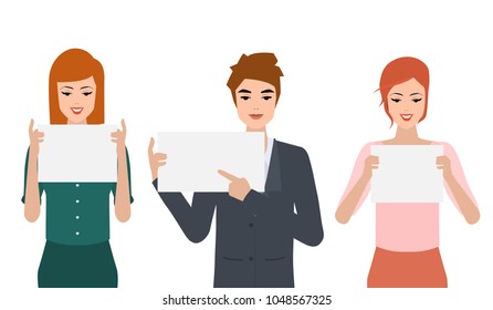 Set of business people with blank white banner pose. Illustration vector flat design.