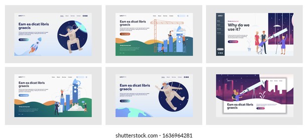 Set of business people building startup. Flat vector illustrations of couple observing sky through telescope. Startup, space, observatory concept for banner, website design or landing web page