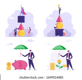 Set of Business People Building Tower of Huge Geometric Shapes, Protect Money. Male Characters Covering Piggy Bank and Money Plant with Umbrella. Leadership, Investment. Cartoon Vector Illustration