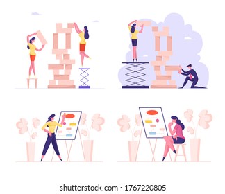 Set of Business People Building Tower of Wooden Blocks, Male and Female Characters Teamwork Activity, Strategy. Women at Whiteboard Analysing Information, Mind Map. Cartoon Vector Illustration