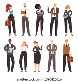 Set of business people. Businessmen and businesswomen cartoon characters. Office team, multicultural collective workers, entrepreneurs. Men and women in suits standing together. Vector illustration