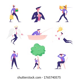 Set of Business People Buying Gifts, Carry Huge Pin and Light Bulb, Angel with Halo and White Wings, Male Characters Fishing on Boat, Shaking Money Tree with Paper Bills. Cartoon Vector Illustration
