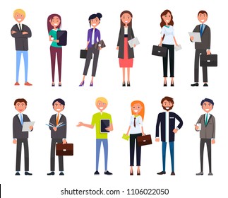 Set business people cartoon characters dressed formally, businesspeople in elegant expensive suits, successful men and women with briefcases isolated