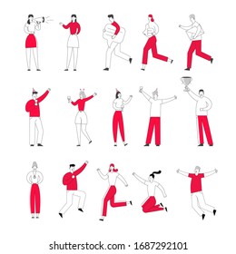 Set Business People Celebrate Victory or Corporate Party Holidays Run and Jump. Male and Female Characters with Social Media Symbols Megaphone, Speech Bubble and Envelope. Linear Vector Illustration