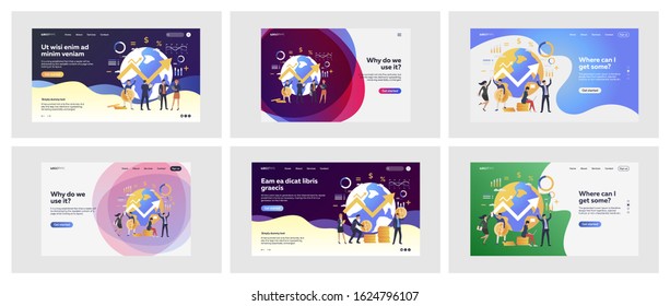 Set of business people celebrating financial success. Flat vector illustrations of men and women making money over world. Business and earnings concept for banner, website design or landing web page