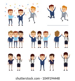 Set of business people celebrating success, achievement. Business man and woman jumping, standing in group. Flat design vector illustration