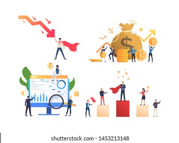 Set of business people celebrating success. Flat cartoon characters developing business, earning money. Can be used for advertising, placard, analytics