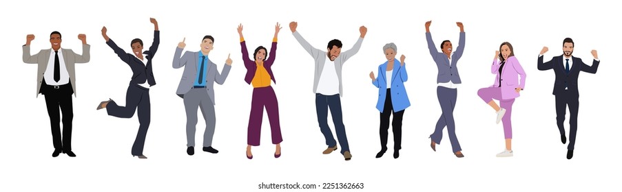 Set of business people celebrating success and victory. Winners rejoicing their triumph. Vector illustration of happy, jumping, cartoon men and women in office outfits isolated on white background.