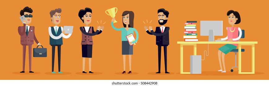Set of business people characters in flat style design. Happy woman with winner cup. Business men and women in business suits congratulating winner. Variety human personages in workflow process.