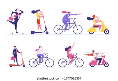 Set of Business People Characters Riding Transport Scooter, Skateboard and Bikes Following Leader in Red Cloak Driving Moped. Office Managers Race Challenge, Leadership. Cartoon Vector Illustration