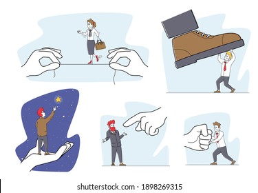 Set of Business People Characters in Stressed and Risk Situations. Businessman Fighting with Huge Fist, Stand on Hand Taking Star from Sky, Protecting from of Boot. Linear People Vector Illustration