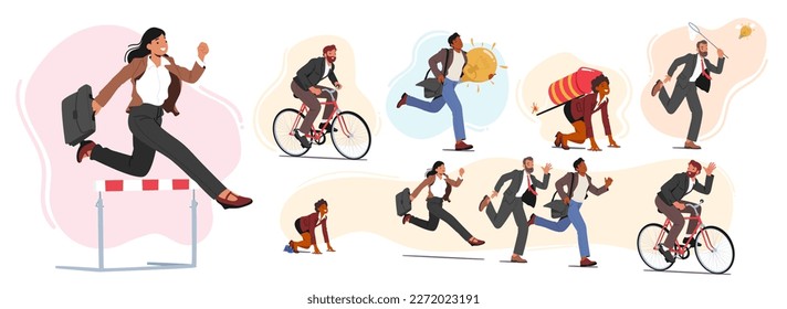 Set of Business People Characters Take Part in Running Competition. Businessman Holding Glowing Light Bulb, Riding Bicycle, Woman with Jet Pack. Fight for Leadership. Cartoon Vector Illustration