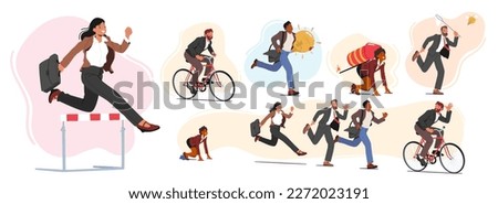 Set of Business People Characters Take Part in Running Competition. Businessman Holding Glowing Light Bulb, Riding Bicycle, Woman with Jet Pack. Fight for Leadership. Cartoon Vector Illustration