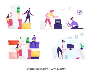 Set of Business People Characters Work with Huge Pile of Documentation and Paper Documents, Busy Office Company Employees Deadline Stress, Destroy Secret Docs in Shredder. Cartoon Vector Illustration