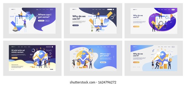Set of business people checking work progress. Flat vector illustrations of men and women analysing work statistics. Business and achieving concept for banner, website design or landing web page