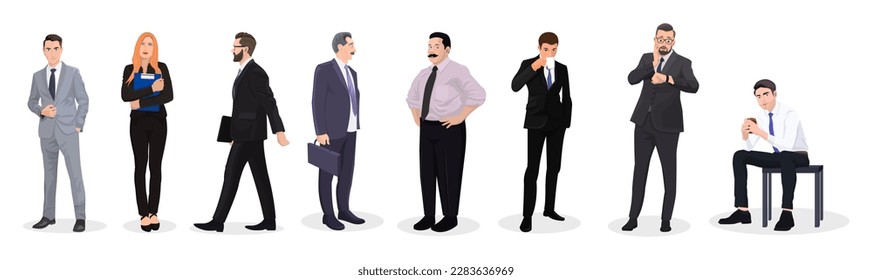 Set of business people. Collection of diverse office staff isolated on white background. Men and woman various characters and body type. Manager wearing in black suit and tie. Flat Vector illustration