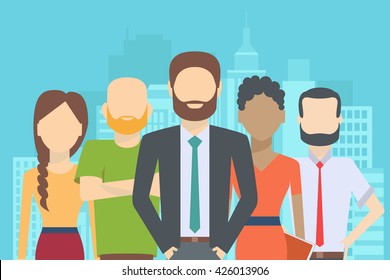 Set Of Business People, Collection Of Diverse Characters In Flat Cartoon Style On The City Background, Vector Illustration