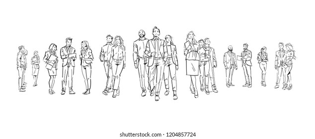 set business people communication during meeting, agreement in front of businesspeople discussion colleagues communicating full length concept on white background hand draw silhouette sketch vector