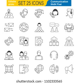 Set of Business People and communication Icons. Globe and communication, thin line design.  Editable  Stroke. 64x64 Pixel Perfect