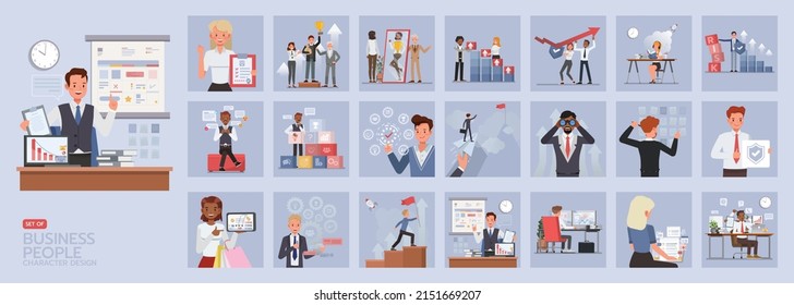 Set of business people concept character vector design. People working in office comment, reliable, managing, vision, mission, hard work, focus on tasks, evaluation and planning.