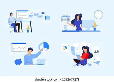 Set of business people concepts. Vector illustrations of big data analytics, market research, business strategy, e-commerce.