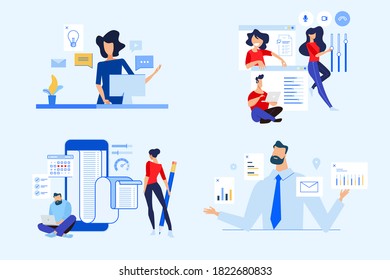 Set of business people concepts. Vector illustrations of online working, social media, video meeting, business planning, team management.