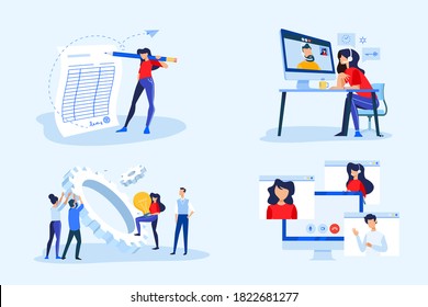 Set of business people concepts. Vector illustrations of video meeting, conference call, work from home, project development, business contract, electronic signature.