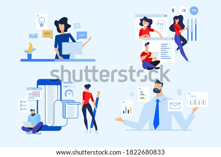 Set of business people concepts. Vector illustrations of online working, social media, video meeting, business planning, team management.
