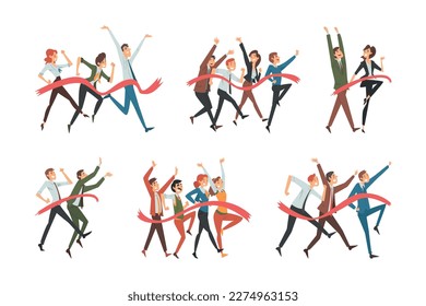 Set of business people crossing finish line. Business competition and win concept cartoon vector illustration