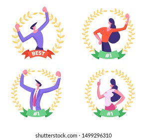 Set Of Business People Demonstrate Muscles Inside Of Golden Award Wreath With Ribbon. Business Man And Woman Managers Best Workers Winning Trophy. Successful Results. Cartoon Flat Vector Illustration