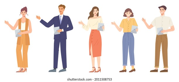 Conjunto de personas de negocios de diferente estilo al presentar la postura. Concepto de presentación, reunión de oficina, pose de conferencia, equipo de marketing, trabajo, conferencia. Dibujo gráfico de vector plano.