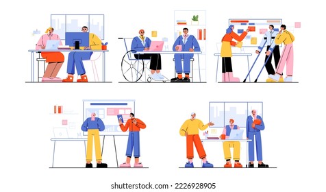 Set of business people discuss project in office. Employees meeting, disputing, communicate. Healthy colleagues team work together on plan development, Linear flat vector illustration