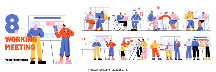 Set of business people discuss project in office. Employees meeting, disputing, communicate. Healthy and disabled colleagues team work together on plan development, Linear flat vector illustration