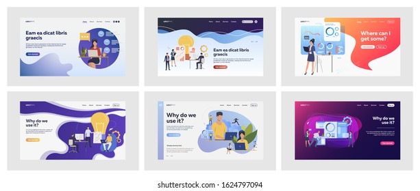 Set of business people during work process. Flat vector illustrations of men, women creating ideas and analysing work stat. Business and career concept for banner, website design or landing web page