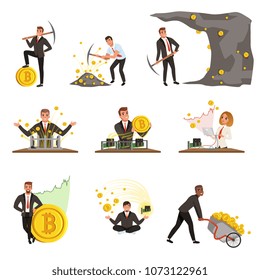 Set of business people extracting cryptocurrency, golden bitcoins. Mining farm. Virtual money and finance theme. Miner of GPU. Flat vector design