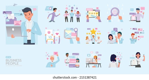 Set of business people feedback concept character vector design. Presentation in various action. People working in office planning, thinking and economic analysis.