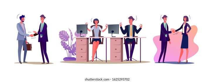 Set of business people finding zen at work. Flat vector illustrations of men and women being happy with co-workers. Partnership and employment concept for banner, website design or landing web page
