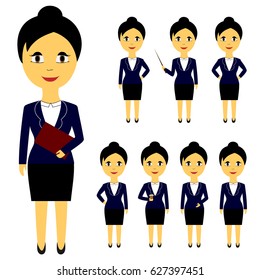 Set of business people in flat style. Women with black hair in office clothes in different poses