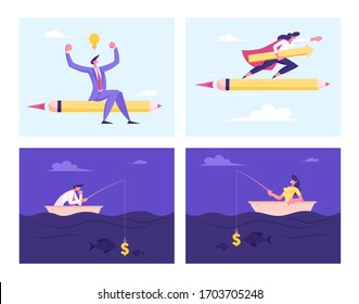 Set of Business People Flying on Huge Pencil, Fishing in Ocean with Dollar Bait. Woman in Super Hero Cloak and Man with Light Bulb Riding Pen. Characters Catch Fish. Cartoon People Vector Illustration