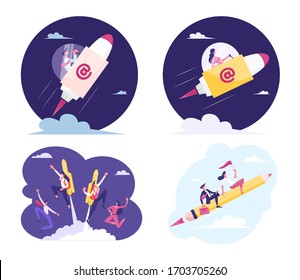 Set of Business People Flying on Rocket. Male and Female Characters Drive Shuttle with E-mail Symbol on Board and Jet Pack. Challenge, Breakthrough or Creative Idea. Cartoon People Vector Illustration