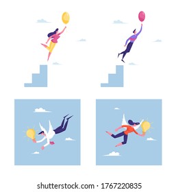 Set of Business People Flying on Air Balloons, Male and Female Characters with White Wings and Glowing Light Bulbs. Creative Idea, Crisis Escape, Motivation or Inspiration. Cartoon Vector Illustration