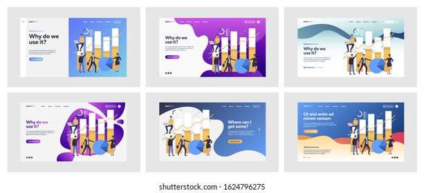 Set of business people with giant pie and bar charts. Flat vector illustrations of men and women in suits analysing stats. Business and career concept for banner, website design or landing web page